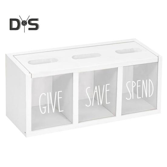 Sparschwein aus Holz, 3-Fächer, Geldspardose, visualisiert mit Geldscheinen und Münzen, Spardose für Kinder und Erwachsene, Schlafzimmer, Büro weiß