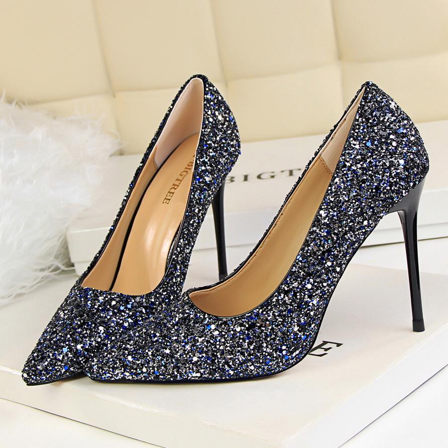 Mode 2025 Damen 9,5 cm Hohe Absätze Übergröße 43 Stripper Glitzer Scarpins Luxus Pumps Stiletto Hochzeit Braut Gold Silber Fetisch Schuhe 41 blau