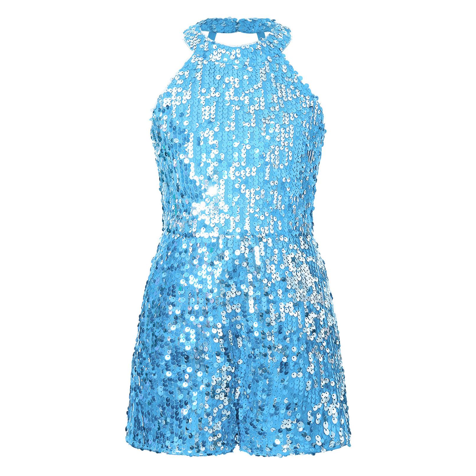 Kinder Mädchen Overall mit Allover-Pailletten, kurzer Overall, Neckholder, Riemchenrücken, ärmellos, kurzer Party-Einteiler 11-12 Years hellblaue