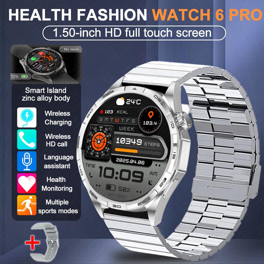 2026 Neue Uhr 6 Pro Outdoor-Sport Smartwatch Herren 1,50” HD-Bildschirm GPS-Streckenverfolgung Höhenmesser Druck Herzfrequenz Smartwatch Silver Bamboo steel+Silicone