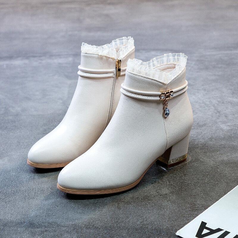 Herbst Winter Elegant mit Mittelhohen Absätzen Damen Kurze Schuhe Leder Wasserdicht Runde Zehe Damen Stiefeletten Ausverkauf Neu in Stiefeletten 39