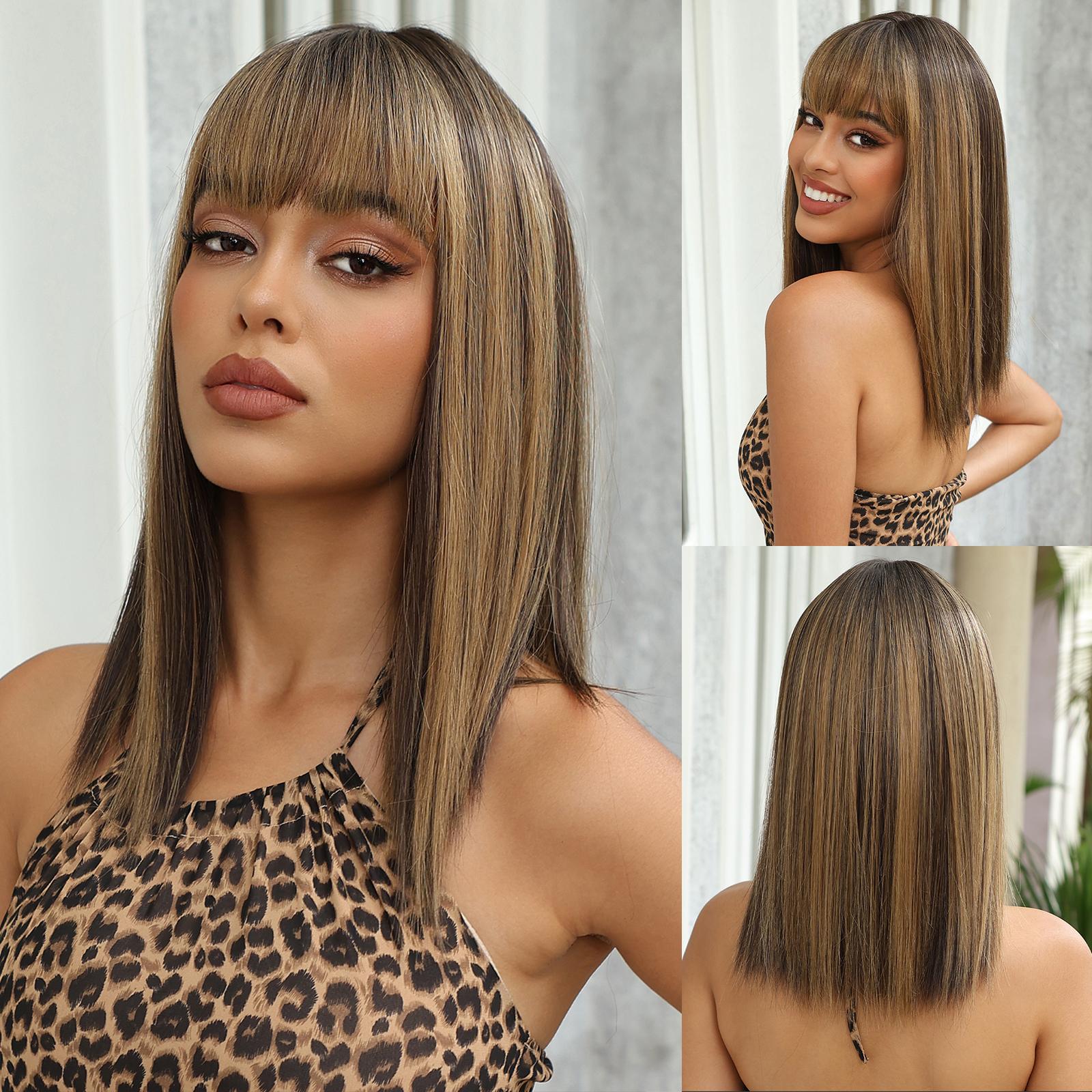 ALANEATON Ombre Braun Blonde Perücken mit Pony Lange gerade synthetische Perücke für Frauen Hitzebeständige Faserperücken