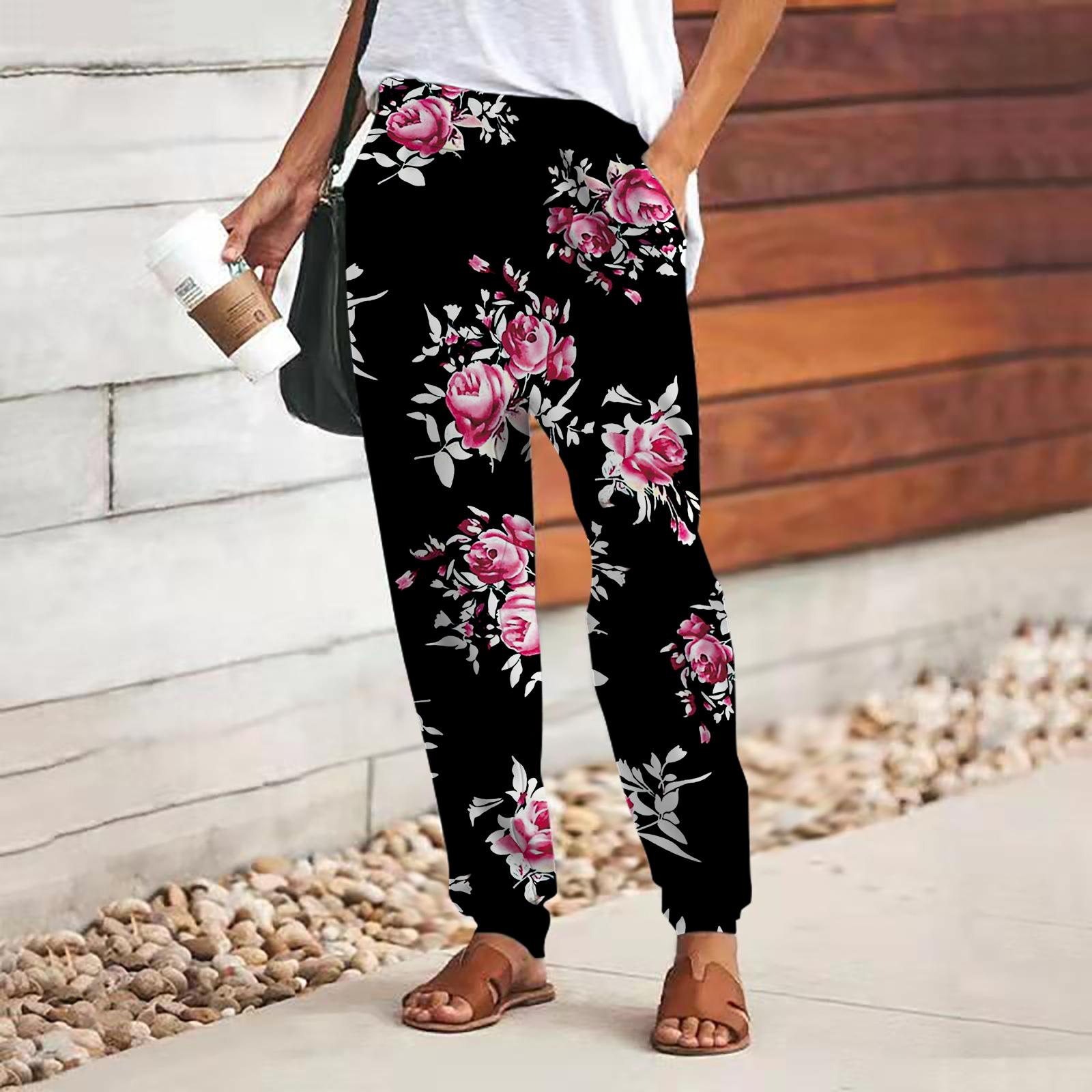 Damenhose mit 3D-Rosa-Kristall-Rosen-Print, Schnürung, elastische Taille, lockere Hose, lässige lange Hose, Hose mit Taschen 6XL rosa