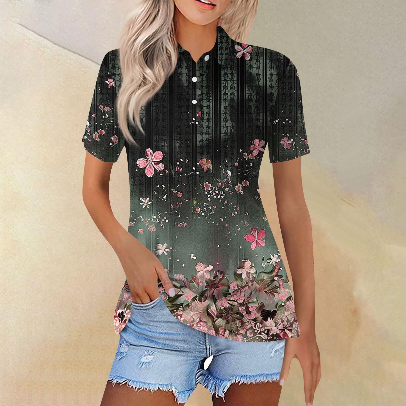 Damenmode Lässiges Revers Kurzarm-Print-Shirt Damen-Tops mit Knopfleiste XXL schwarz