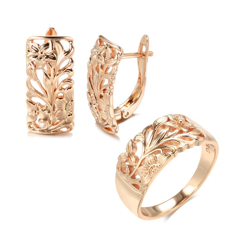 Vintage Roségold Damen Ohrringe Ring Sets Boho Hohlblumen Clip-Ohrringe Ring Elegante Ethnische Hochzeits-Schmucksets 7