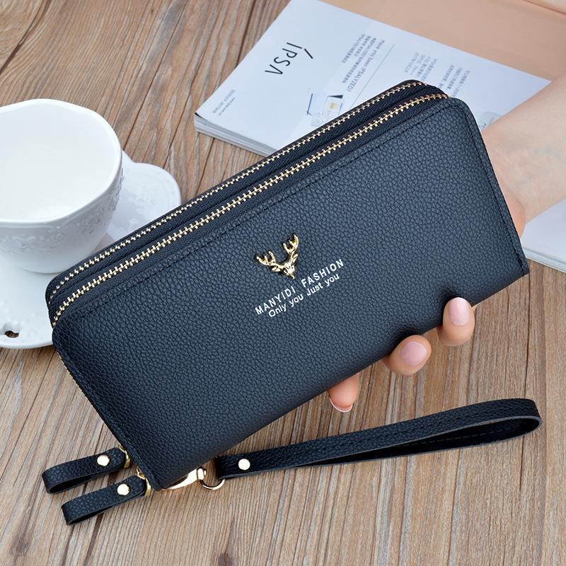 Doppelter Reißverschluss Damen Handtaschen Kunstleder Handytaschen Kartenhalter Geldbörse Brieftasche Vintage Mode Geldbörsen 19.5cm*9.5cm*4cm schwarz