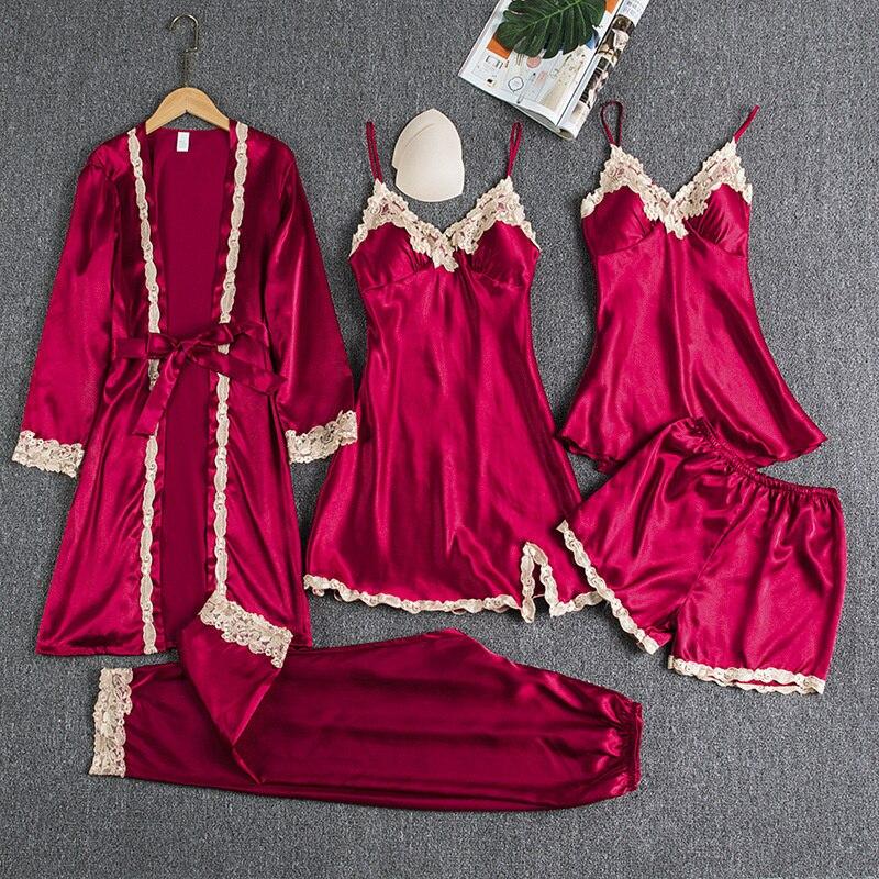5-teiliges Damen-Pyjama-Set aus Spitze, V-Ausschnitt, Satin mit Brustpolster, Nachtwäsche, Pyjama aus Eisseide XXL rot