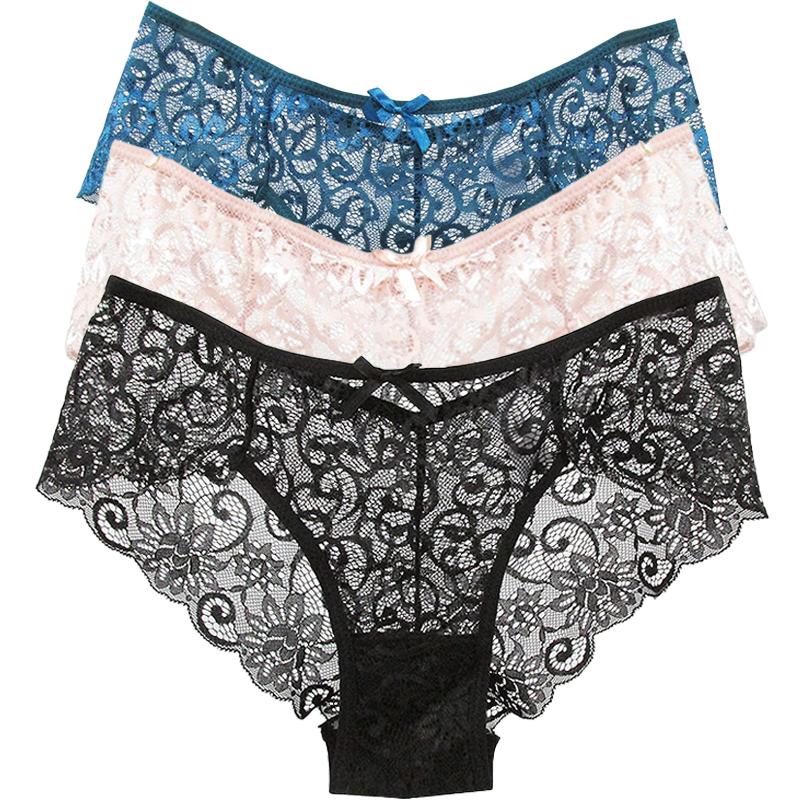 3 Stück Damen Sexy Spitze Slips Damen Slips Unterwäsche für Frauen Atmungsaktive Panty Hohl Dessous Slips Schleife Unterhosen M