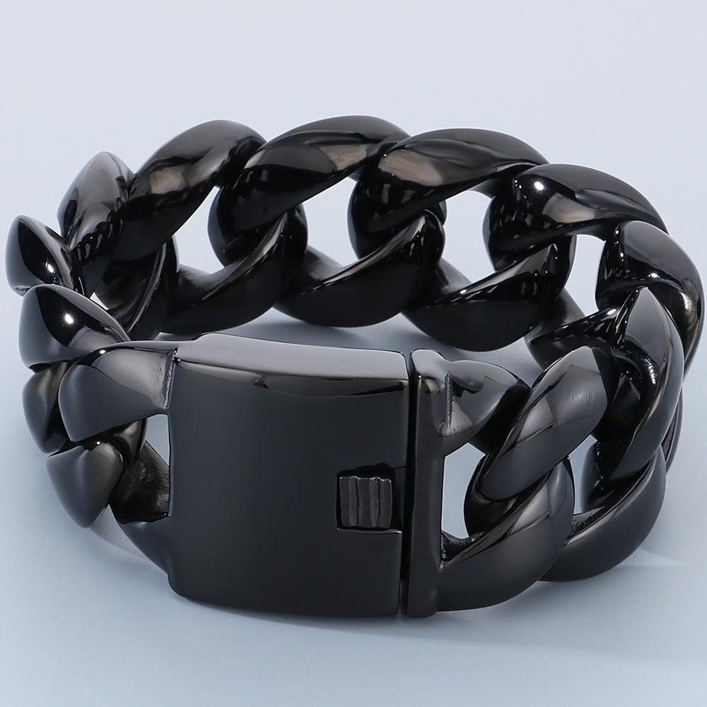 Massives Herrenarmband für Männer, polierter Edelstahl, 29 mm, Panzerkette mit kubanischer Gliederkette, Herrenarmbänder, Armband, Schmuckzubehör 23CM schwarz