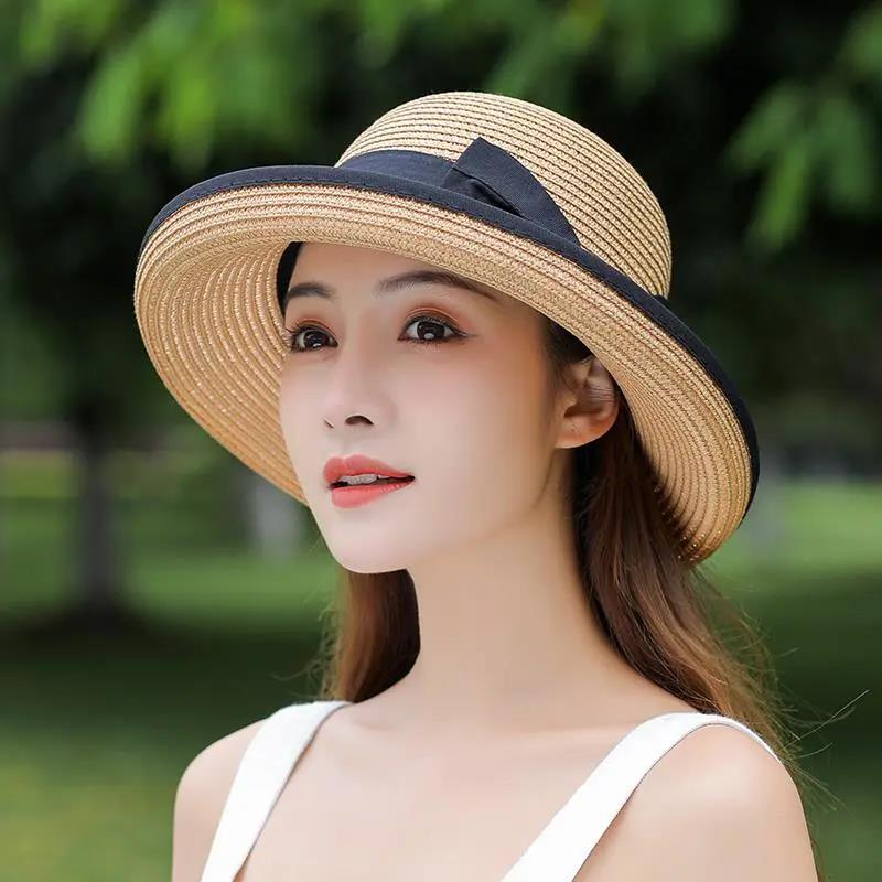 Sommer Strand Strohhut Damen Schleife Meer Großer Sonnenschirm Sonnenschirm Curling Cooler Hut one size khaki