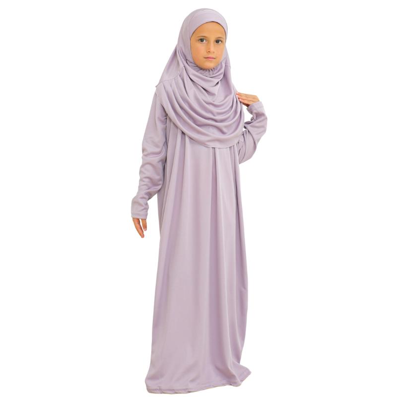 Gebetskleid für Kinder, muslimische Kleidung für Mädchen, langärmelig, Abaya mit Hijab, zweiteiliges Maxi-Islamisches Set, Schal, Kaftan, Jilbab lila
