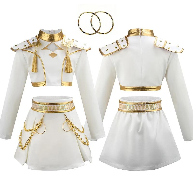 Kinder Mädchen Kpop Rumi Zoey Mira Cosplay Kostüm Halloween Karneval Jäger Bühnenkostüm Perücke Anzug Party Rollenspiel Outfits 120(Height 120cm)
