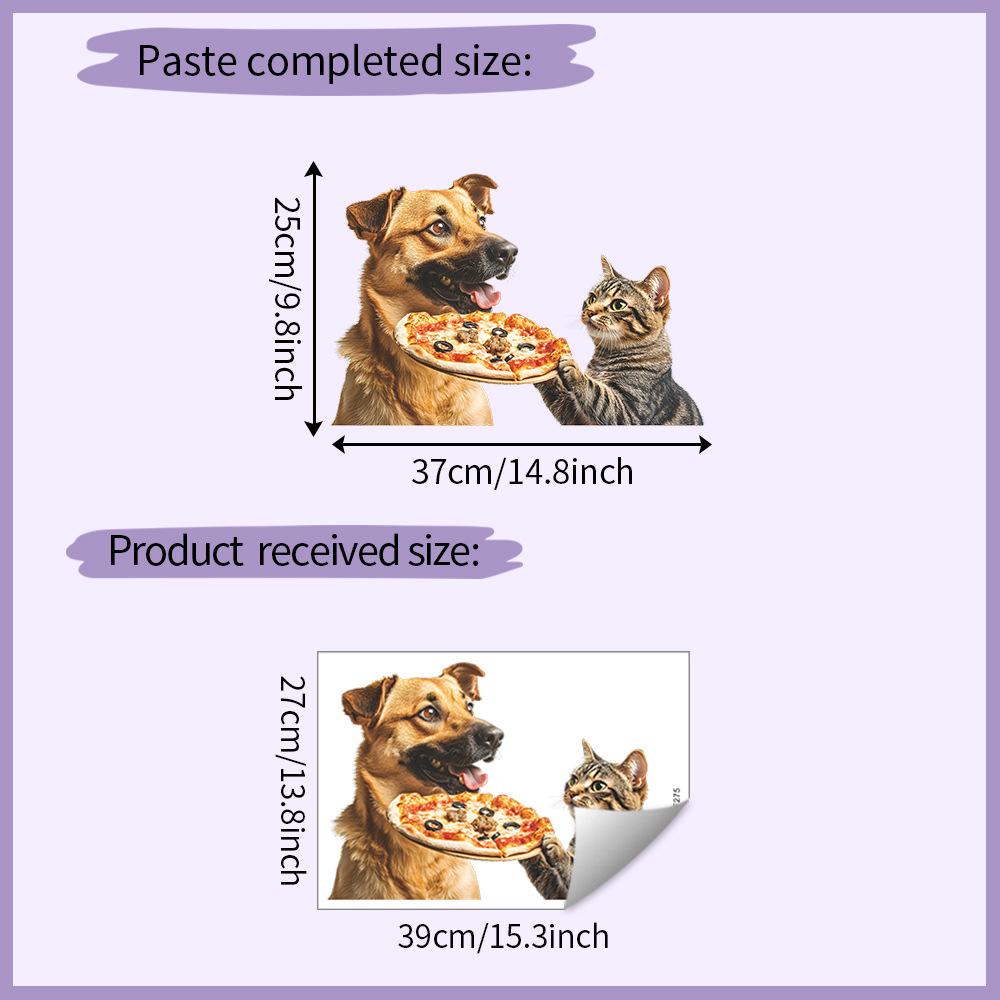 Katze Hund isst Pizza Wandaufkleber Selbstklebend Abnehmbar Kinderzimmer Kinderzimmer Flur Heimdekor 27x39cm bunt
