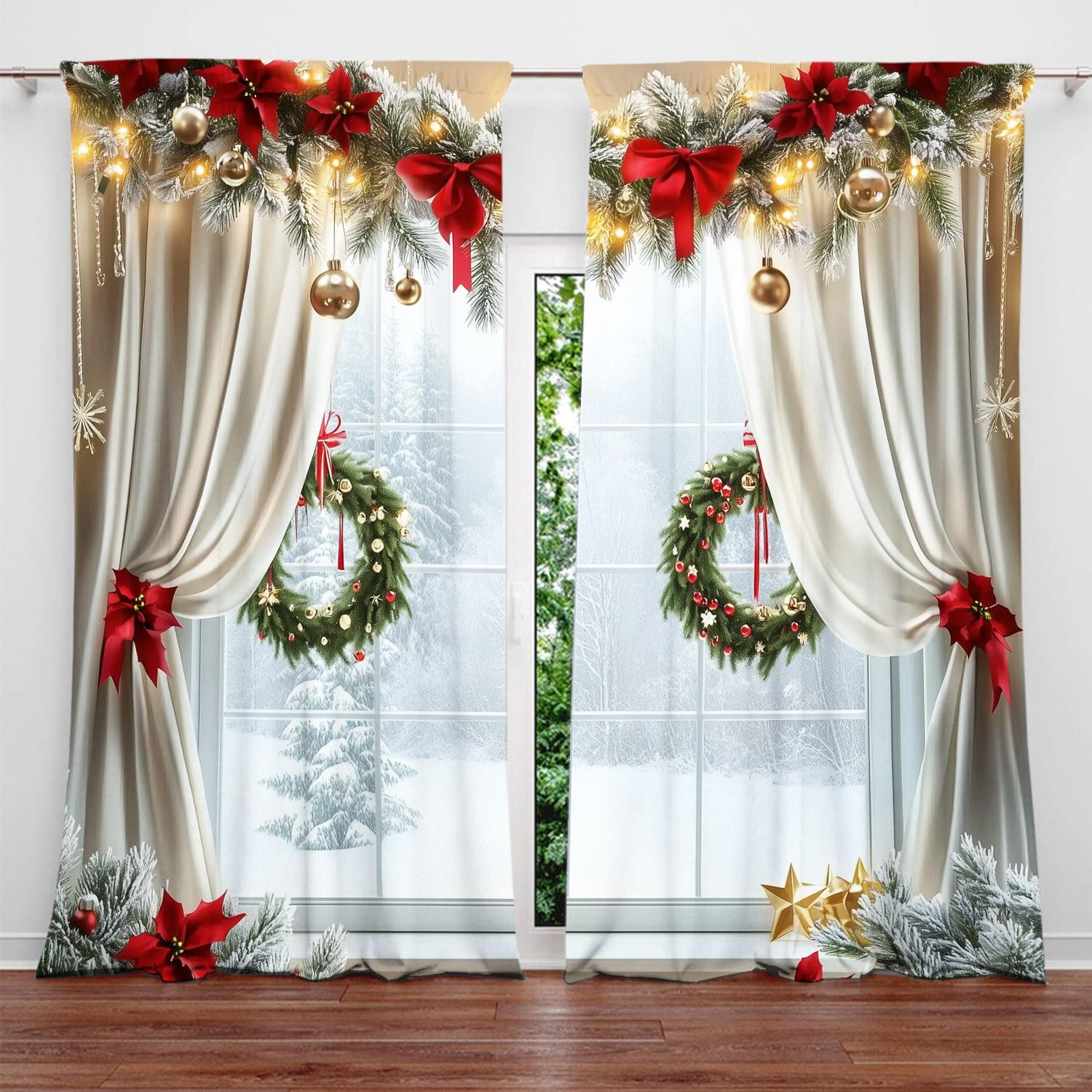 2 Stück Fenster mit einem weihnachtlich bedruckten Vorhang für Weihnachtsdekoration zu Hause – Fensterbehandlung mit Stangentaschen für Schlafzimmer, Büro, Küche 107cmX160cm X 2pcs