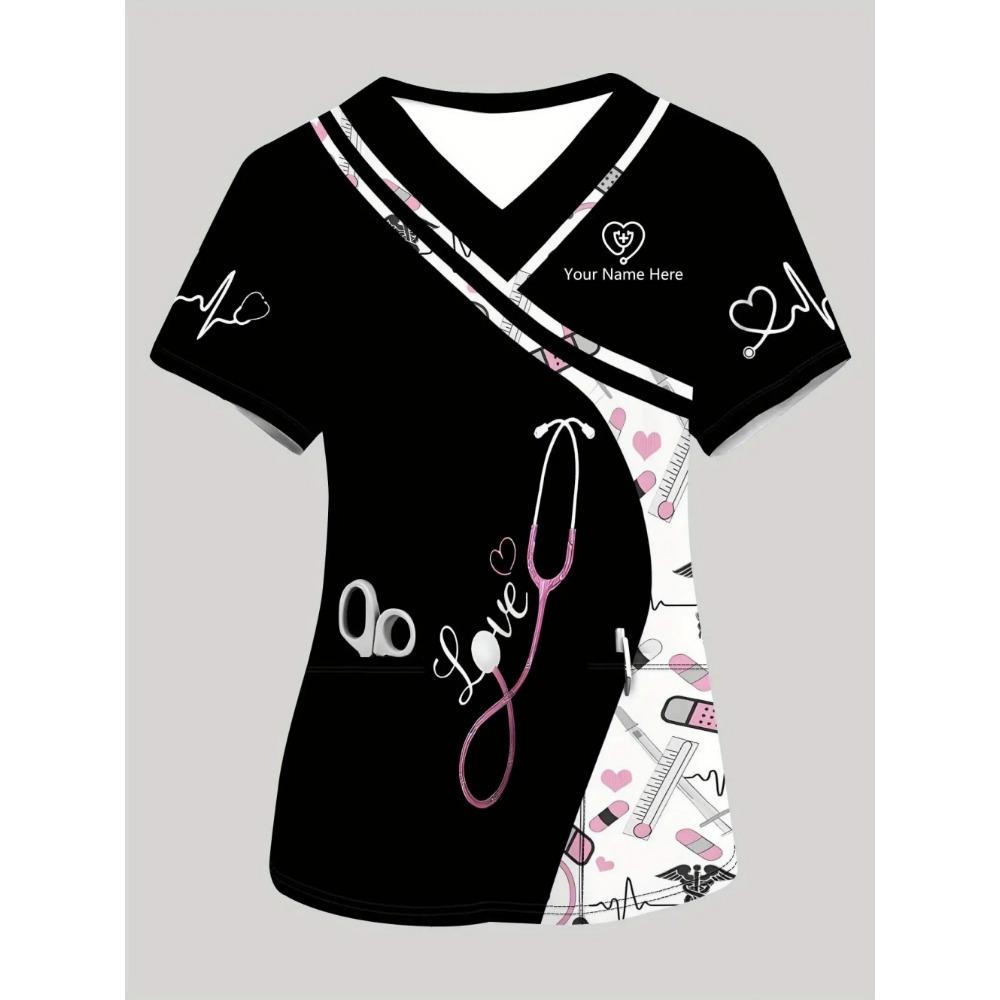 Klinische Uniform Damen Stethoskop-Print V-Ausschnitt Kurzarm Krankenschwester Uniform Oberteile Mode mit Tasche Zahnarzt Krankenschwester Uniform Damen XL white