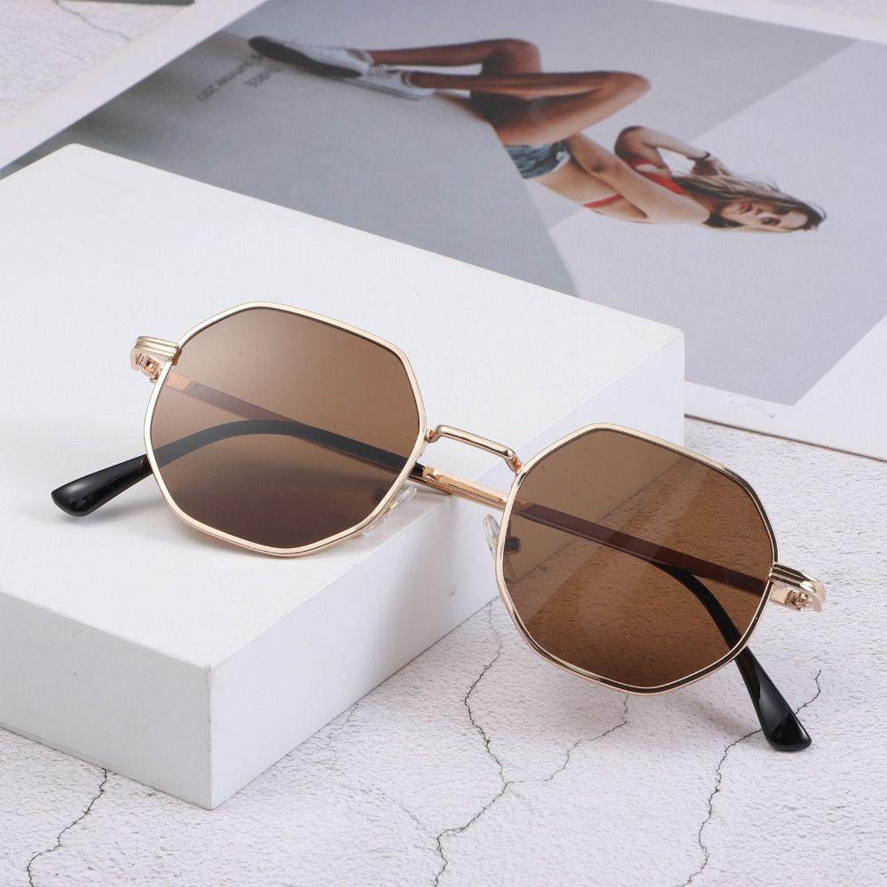 Vintage Kleine Metallrahmen Herren Sonnenbrille Sechseckige Sonnenbrille für Damen Polygon Sonnenbrille Shades Gold-Tea