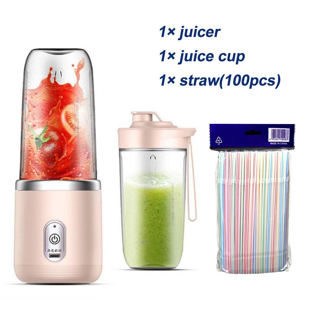 400 ml tragbare elektrische Entsafter 6 Klingen Fruchtsaftbecher USB wiederaufladbare automatische kleine Entsafter Smoothie Mixer Maschine Küchenmaschine with straws rosa