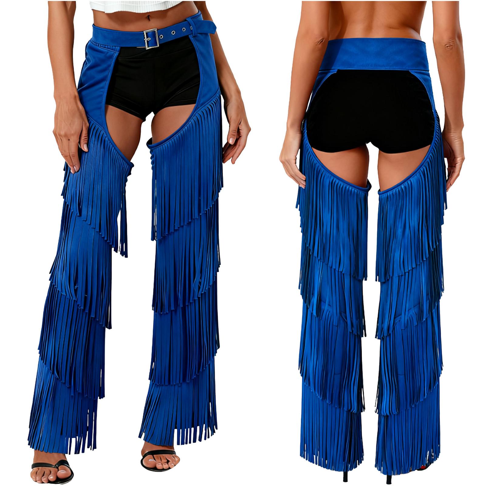 Damen Sexy Cowgirl Hosen ohne Gesäß S-3XL, Offener Schritt Fransen Design mit Schnallen für Rave Party Weihnachten Karneval Outfit M blau