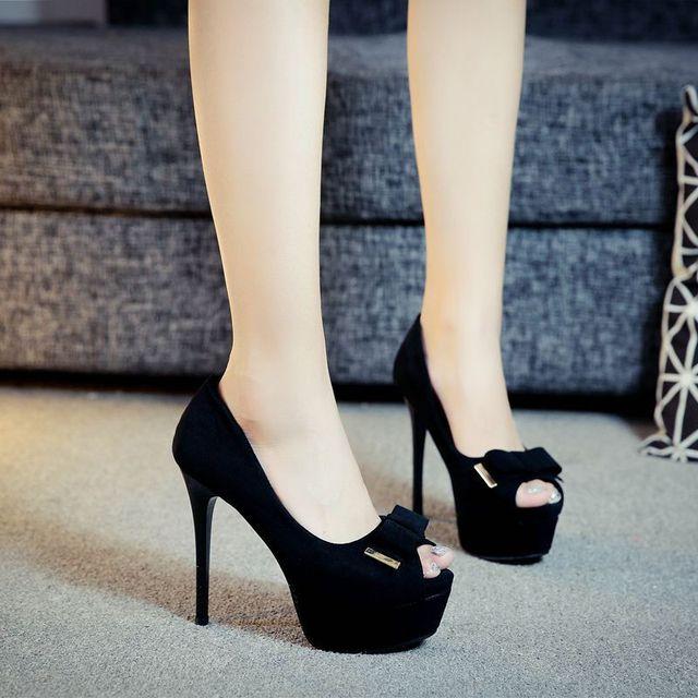 Damen 12cm High Heels 3,5cm Plateau Fetisch Peep Toe Pumps Sexy Lady Stiletto Heels Nachtclub Flock Schmetterling Schleife Büroschuhe 32 schwarz