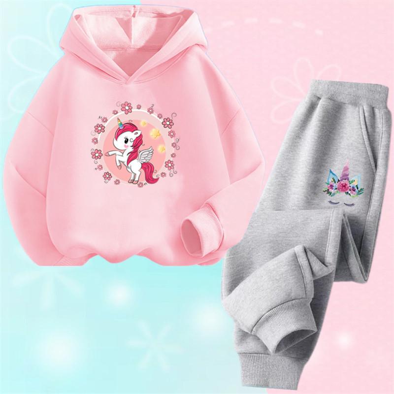 Einhorn-Hoodie-Set, Cartoon-Kinder-Kapuzenpullover, Sweatshirt und Hose, zweiteilige Einhorn-Outfits für Kinder, Mädchen von 3–14 Jahren 100