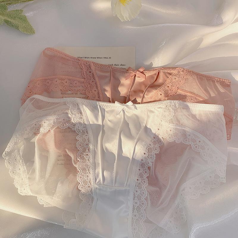 Französische Vintage-Unterwäsche aus reinem Desire-Satin, weiße Spitze, für Damen, sexy Netzstoff, niedrige Taille, leichte Unterwäsche für Mädchen, Dreieckshose M rosa