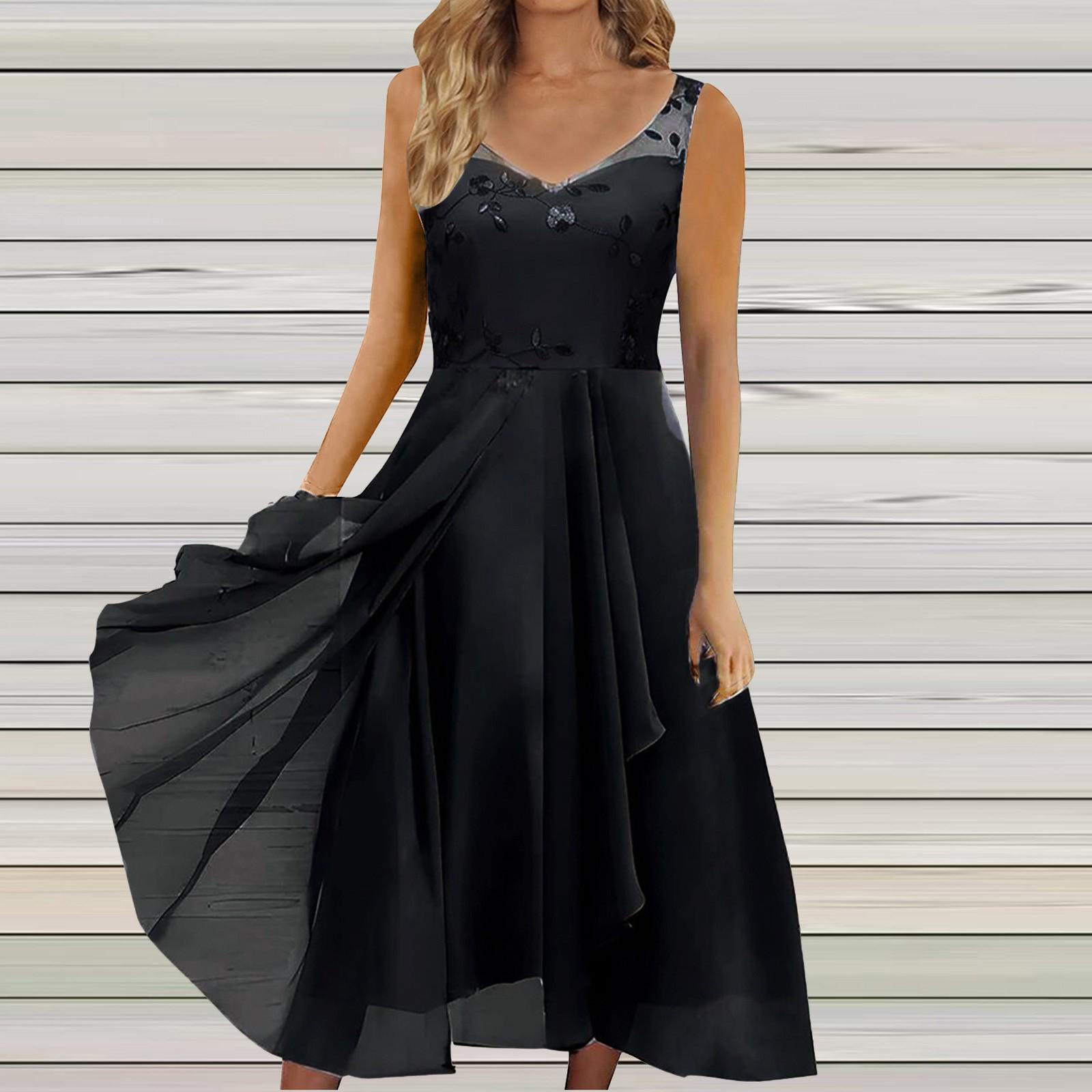 Damen Kleid Chiffon Elegante Spitze Patchwork Kleid Ausschnitt ärmelloses Kleid Brautjungfer Abendkleid XXL