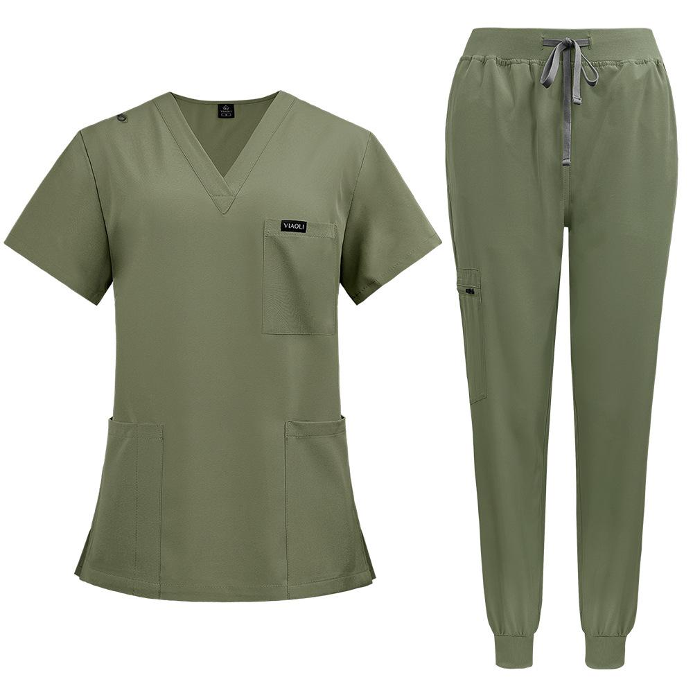 Damen Scrubs Set Joggerhose Henley Zweiteiliges Oberteil und Hose V-Ausschnitt Stretchig Krankenschwester Arbeitsuniform mit Tasche XXL grün
