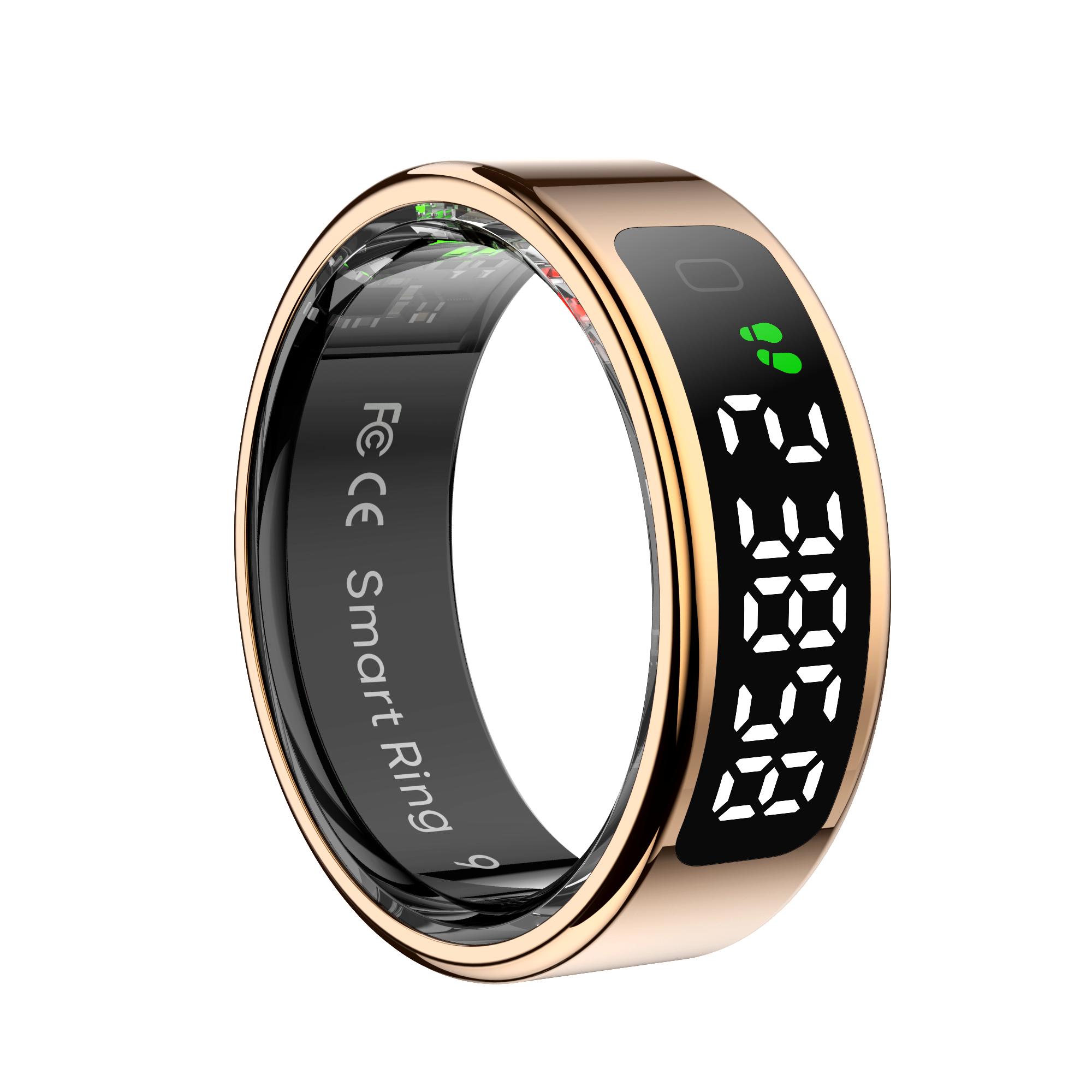 Kabelloses Laden, Smart-Ring, mehrere Sportmodi, Fitness-Tracker, 5 ATM wasserdicht, Schlaf, Blutsauerstoff, Herzfrequenzüberwachung, Schrittzähler, Smart-Ring Size 10（20mm） gold