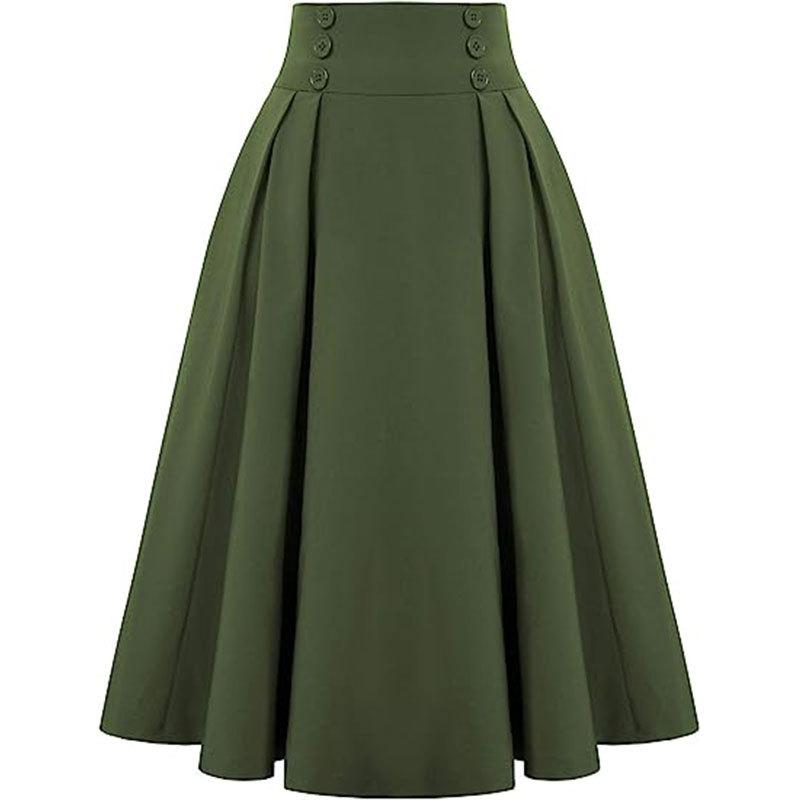 Langer Rock mit hoher Taille für Damen, lässiger, geknöpfter, plissierter langer Rock für den Sommer, einfarbig, modisch, schmaler Maxirock, atmungsaktiv, leicht, bequemer Rock 2XL grün
