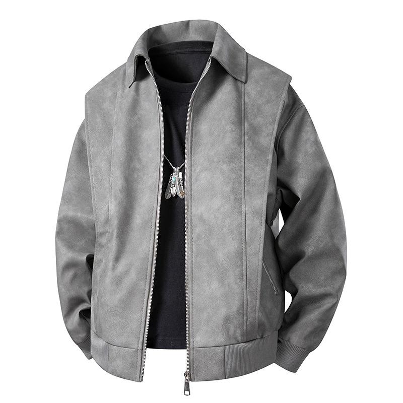 Retro Leder Bestickte Lederjacke Lässige Revers Lederjacke Paar M grau