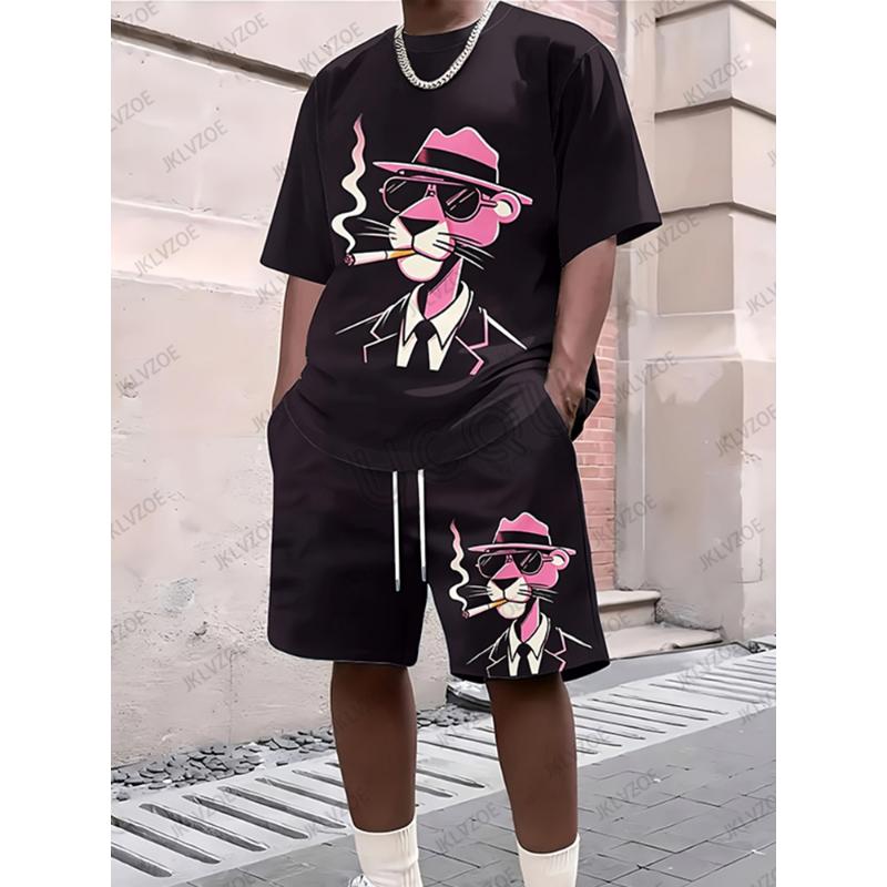 2025 neue herren Trainingsanzug Sets Rosa Panther Kurzarm T-Shirt Anzug Casual Anzug Sport Streetwear Shorts 2 Stück Männlichen Kleidung 5XL