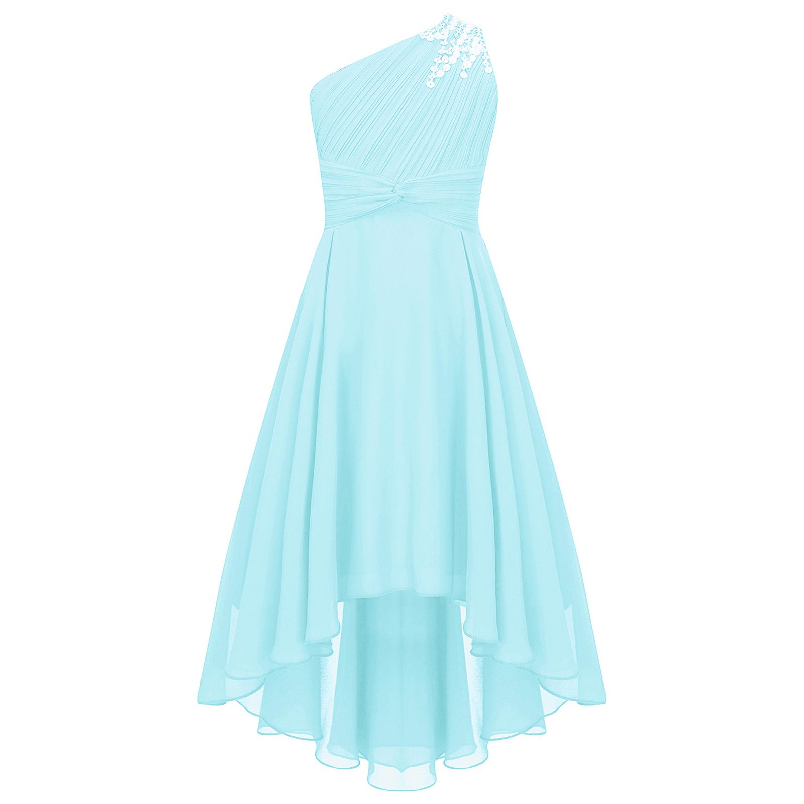 Mädchen Elegantes Ein Schulter Hochzeitskleid Gerafft Glänzend Perlenbesetzt Ärmellos Hohe Taille High Low Saum Partykleid 9-10 Years hellblaue