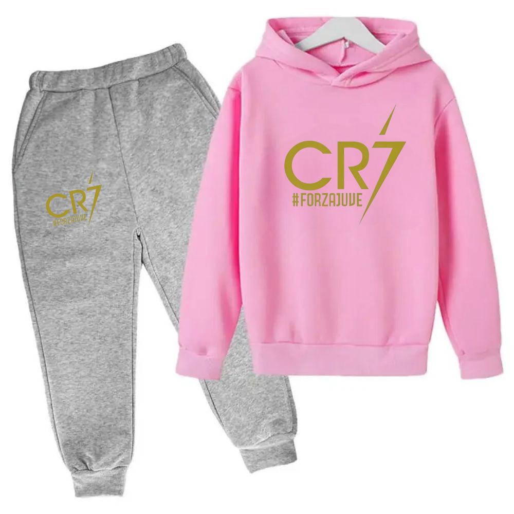 Ronaldo CR7 Druck Fußball Idol Kleidung Kinder Kapuzenpullover 2er Set Hosen Anzug Kinder Jungen Trainingsanzug Mädchen Kleidung Sport Trainingsanzüge 100 pink