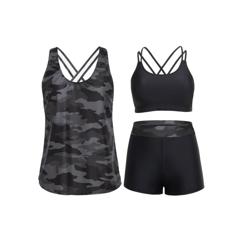 Damen 3-teiliges Tankini-Badeanzug-Set, Sexy Doppel-Schultergurt Bauchkontrolle Badeanzug, Modische Strandbademode XXL graue
