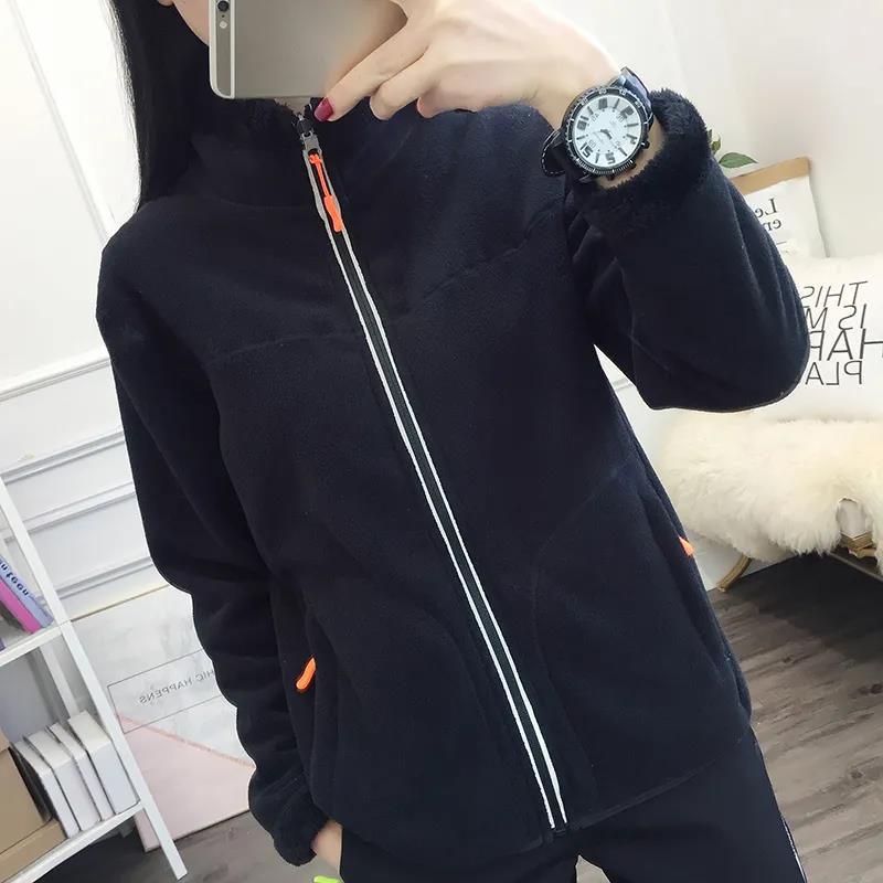 Damen doppelseitige Polar-Fleece-Jacke, modisch, Winter, plus Samt, verdickend, wärmend, kurze Stehkragen-Outdoor-Jacke, geeignet für Damen L schwarz