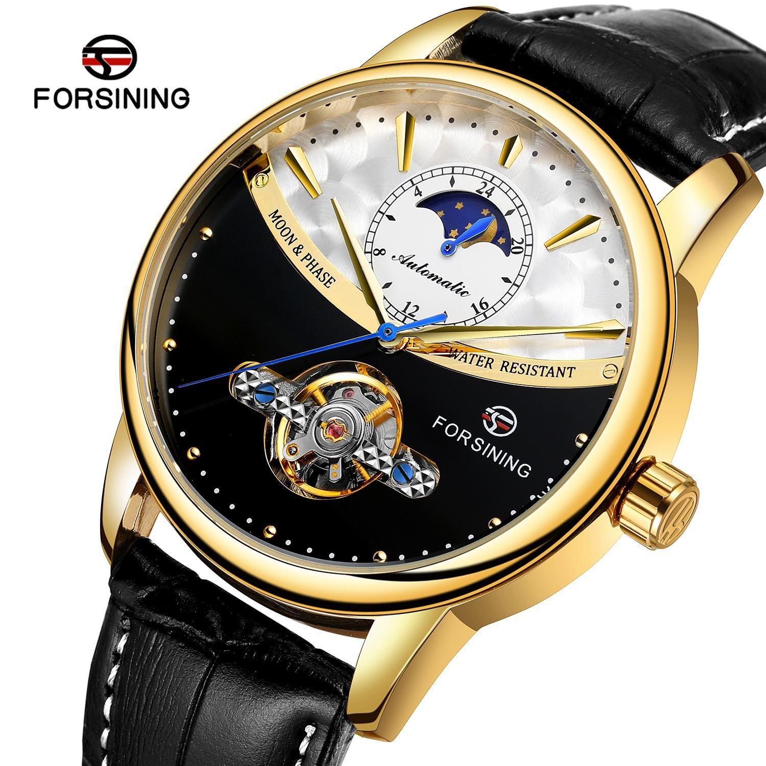 FORSINING Luxus Automatische Mechanische Uhren Herren Sonne Mondphase Tourbillon Uhr Wasserdicht Herren Armbanduhr schwarz/gold
