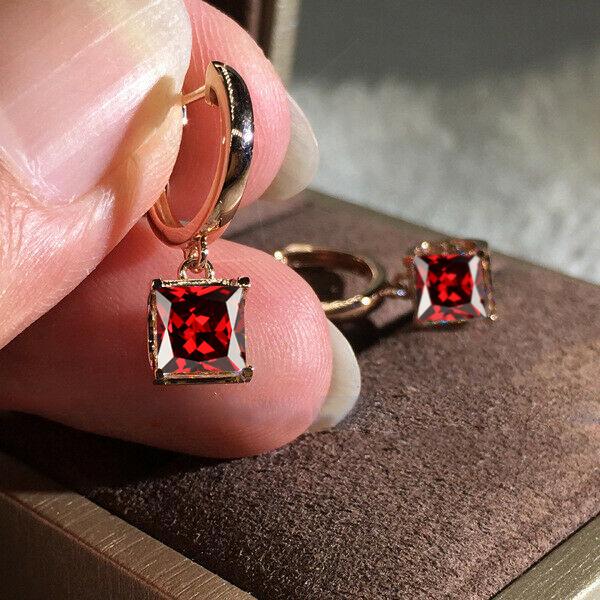 Rose Gold Silber Farbe Luxus Princess Cut Weiß Blau Rot Grün Stein Tropfen Ohrstecker Damen Hochzeit Schmuck Geschenke rot/rose gold