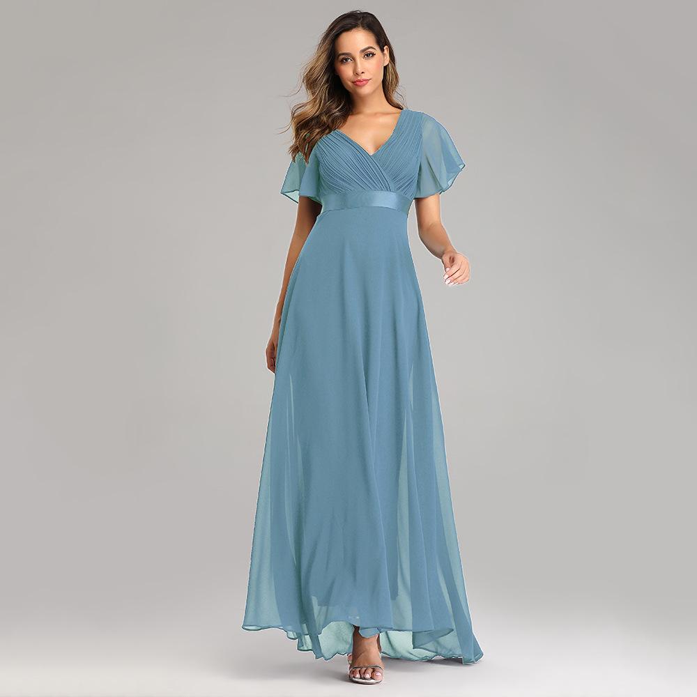 GMXIA Frühling Sommer Handgefaltetes Großes Schwingendes Doppel-V-Ausschnitt Kleid Ausgestellte Ärmel Elastischer Chiffon Bankett Brautjungfer Übergröße Abendkleid M