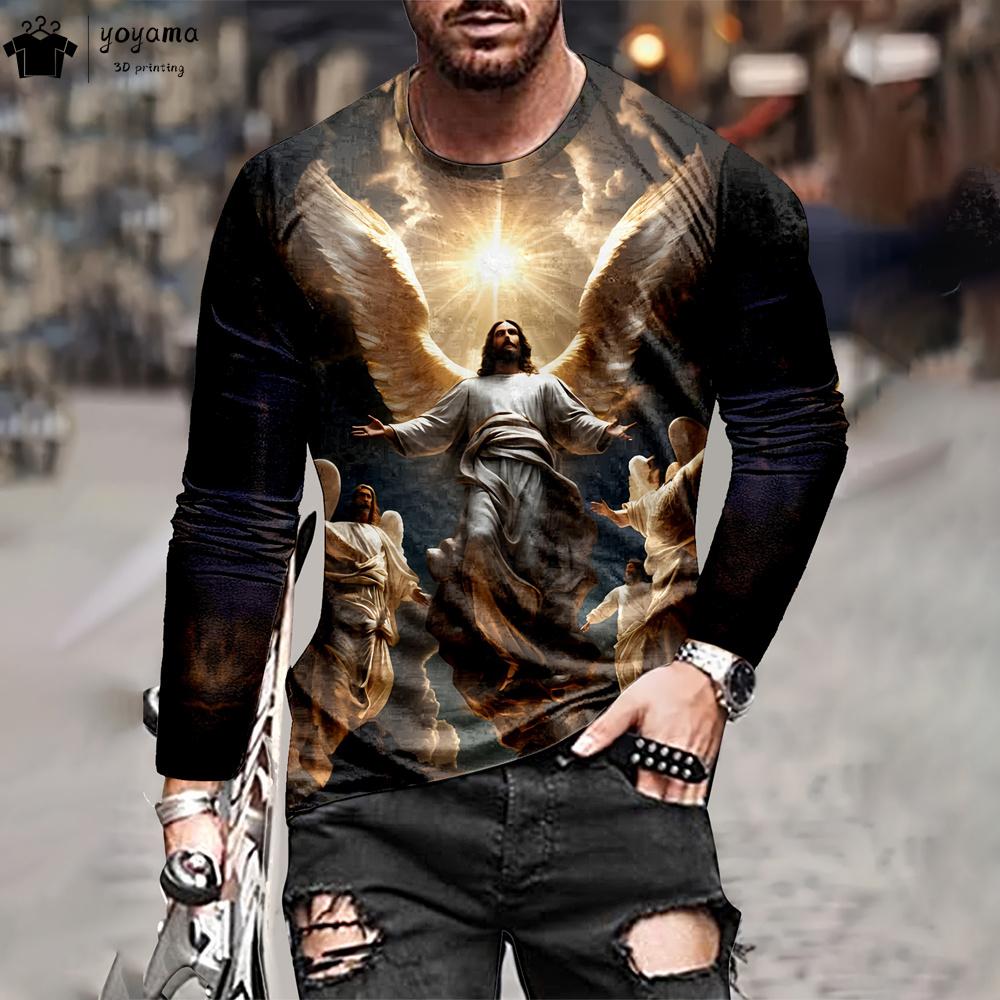 Jesus-Musterdruck Herrenbekleidung Mode-T-Shirt Männer Langarm-T-Shirts mit Jesus-Grafik Harajuku Street-T-Shirts für Männer Tops XL