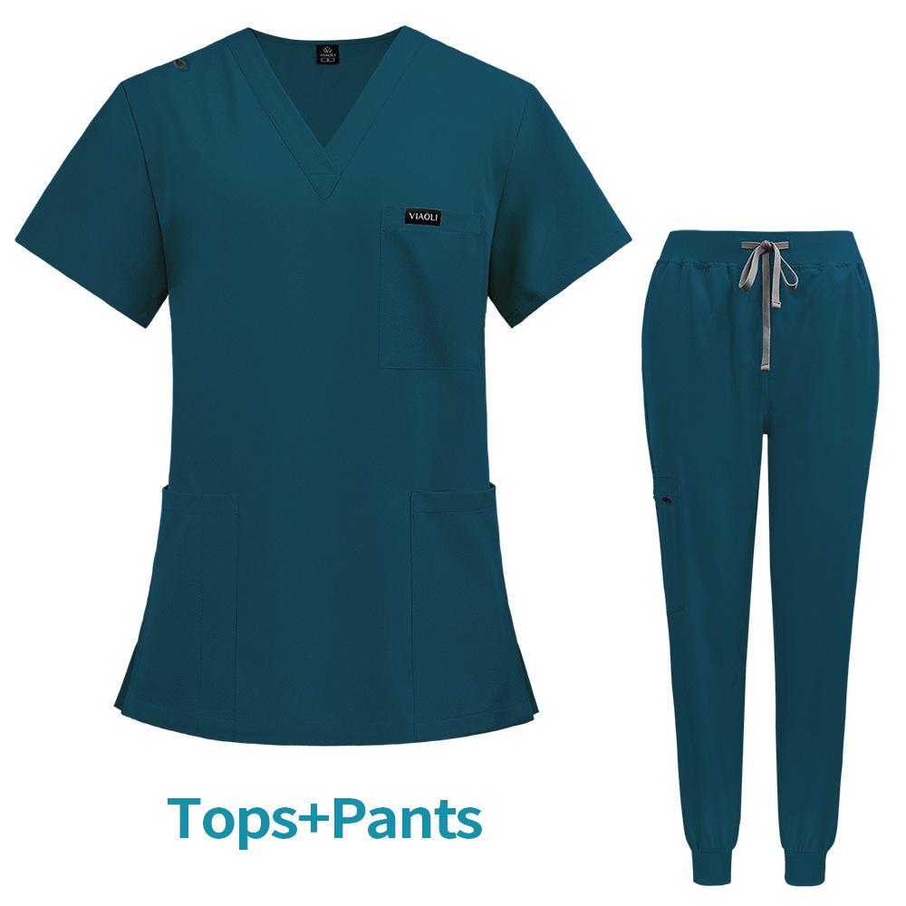 Damen Scrubs Set Joggerhose Henley Zweiteiliges Oberteil und Hose V-Ausschnitt Stretchig Krankenschwester Arbeitsuniform mit Tasche XXL blau