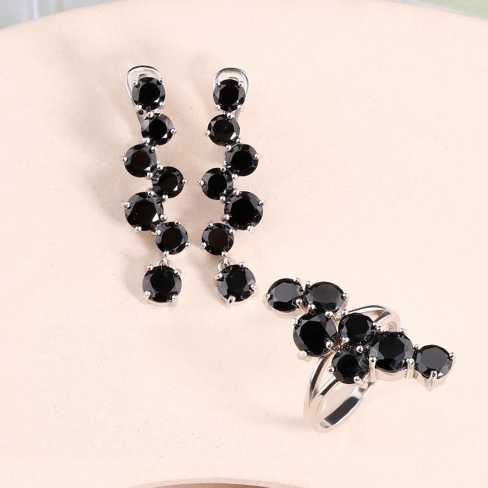 Bolaijewely Modeschmuck Natürlicher Schwarzer Spinell Ring Ohrringe Schmuckset 925 Sterling Silber Damen Black Friday Party Geschenk US RING SIZE 9# schwarz