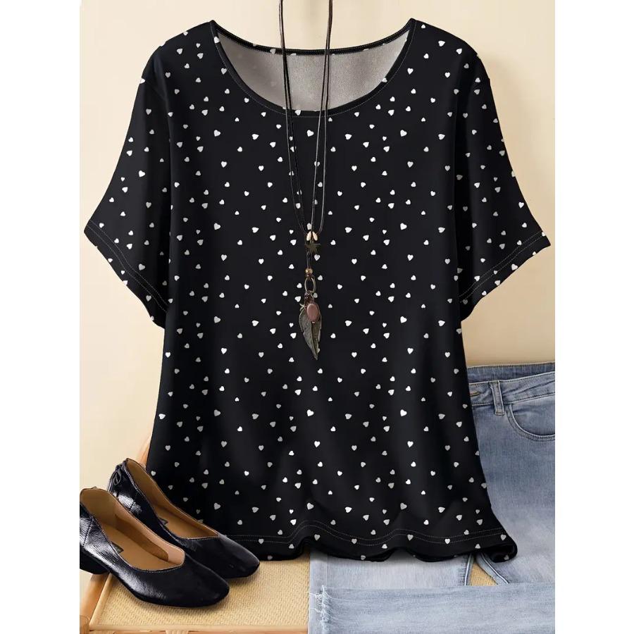 T-Shirt mit Rundhalsausschnitt und kurzen Ärmeln und Herz-Print in Übergröße – weicher Polyesterstoff mit mittlerem Stretch, lässige Damenkleidung mit Allover-Print für alle Jahreszeiten 7XL schwarz