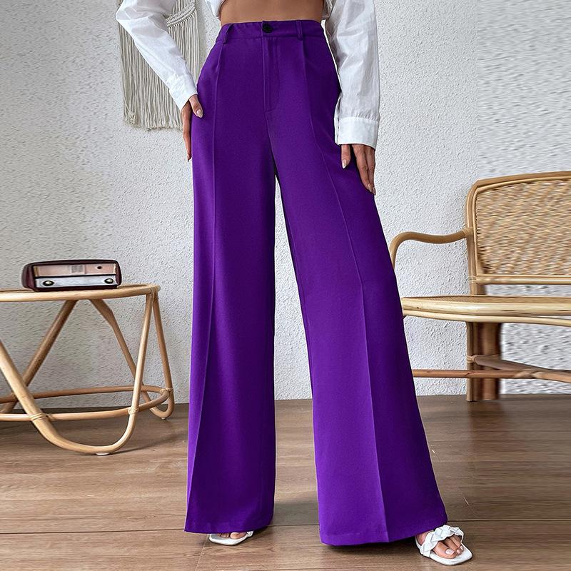 Damen-Hose mit weitem Bein und Reißverschluss, schick, einfarbig, lila, gerade Hose mit Taschen, lässige, lockere Hose, Hose mit hoher Taille, lässige Bürohose S violett
