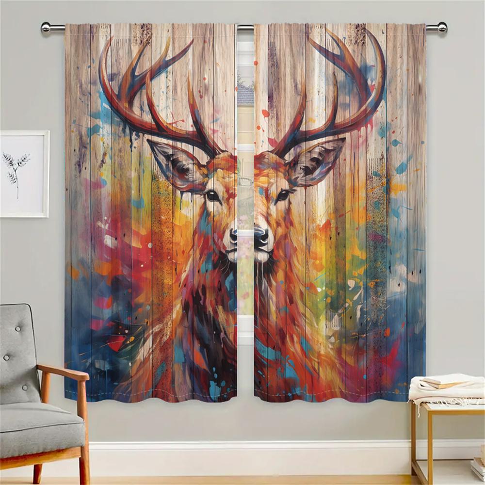 2 Stück Hirsch Kunst Vorhänge Vintage Holzbrett Malerei Wohnzimmer Schlafzimmer Fensterdeko Vorhänge 3D Digitaldruck Sonnenschutz Vorhänge 29.5W65H(inch)x2Pcs&Rod Pocket brown