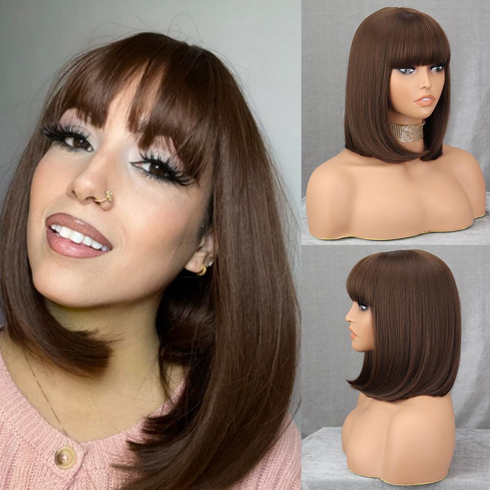 Damen Kurze Gerade Schwarze Bob Synthetikfaser Perücken mit Pony Kurze Gerade Perücken für Damen Cosplay Lolita KTB 35cm