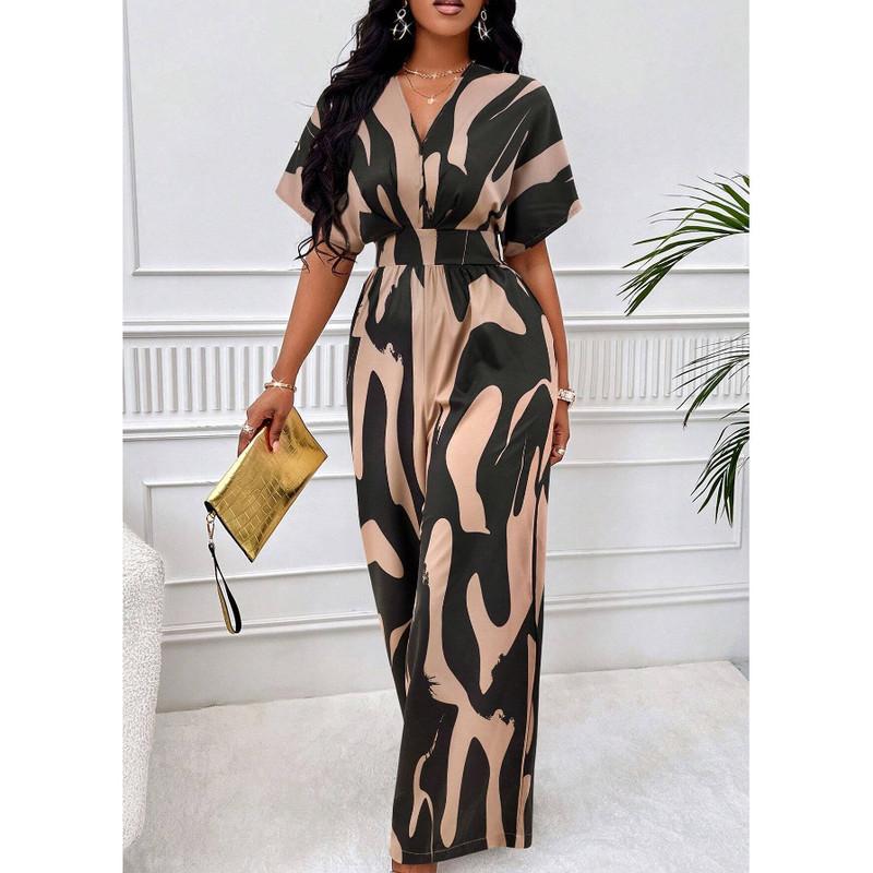 Jumpsuit mit weitem Bein für Damen, Frühlings- und Sommermode, kurzärmlig, hohe Taille, V-Ausschnitt, Ganzkörper-Jumpsuit mit bedruckten Fledermausärmeln L khaki