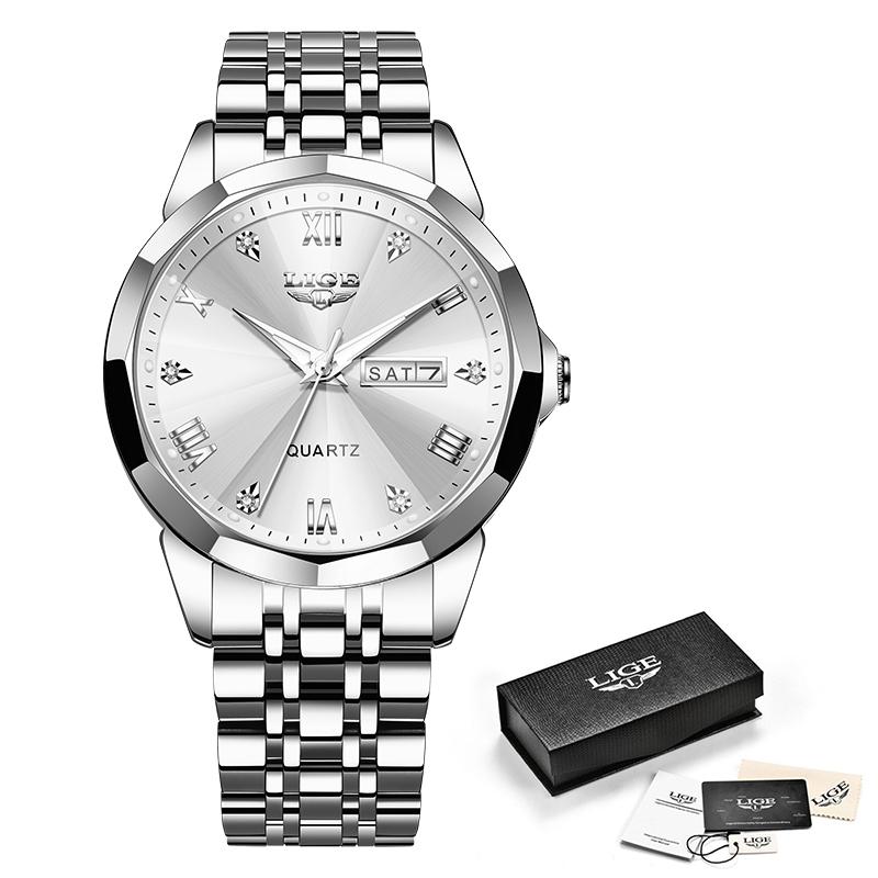 LIGE Neue Herrenmode-Uhr, Luxus-Business-Quarzuhr, Edelstahl, wasserdichte Uhr, Nachtleuchtendes Datum, Chronometer-Uhr silber