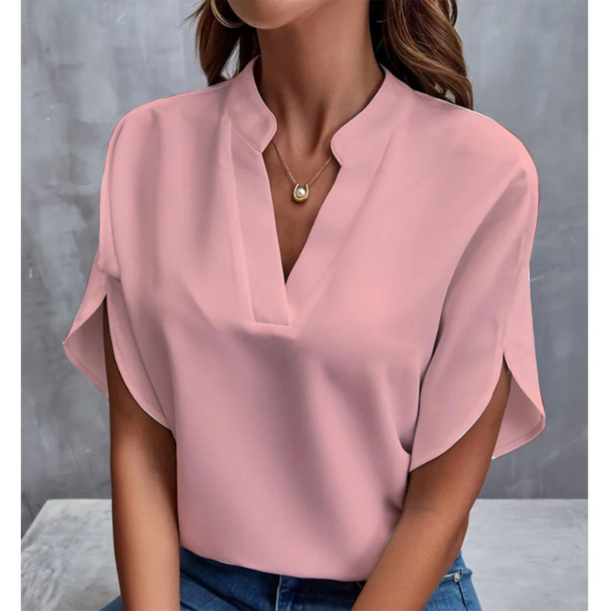 Einfarbige Bluse mit Kerbkragen, lässige Bluse mit kurzen, geschlitzten Ärmeln für Frühling und Sommer, Damenbekleidung L rosa