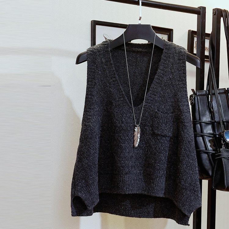 Frühling und Herbst Kurze Lose Weste College Stil Stricken Einfarbig Weste Tasche Ärmellose Pullover Frauen L
