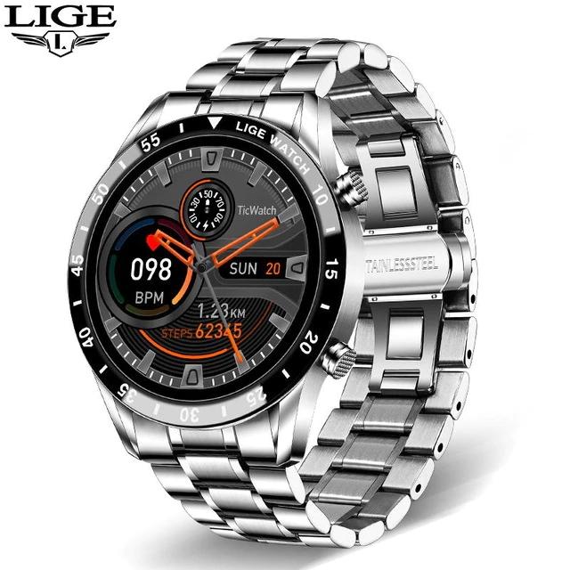 LIGE 2021 Neue Smart Uhr Männer Voller Touchscreen Sport Fitness Uhr IP67 Wasserdichte Bluetooth Für Android ios smartwatch Herren steel belt silber